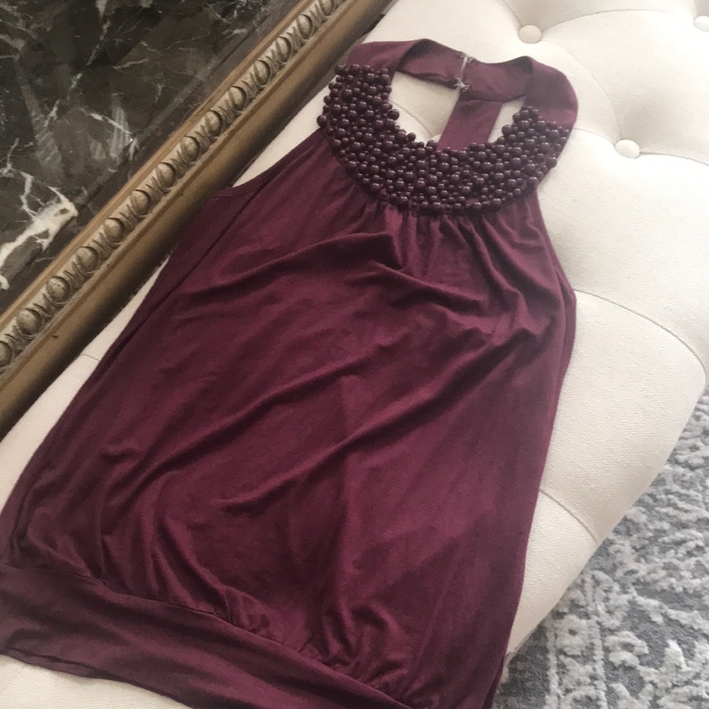 Beaded Halter Neck Sleeveless Top - Wine